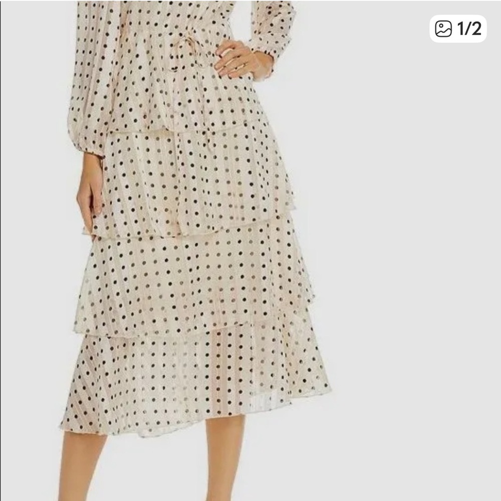 OPT Tiered Polka Dot Dress Silky Flirty Cream Black Gold Drawstring Buttons XS